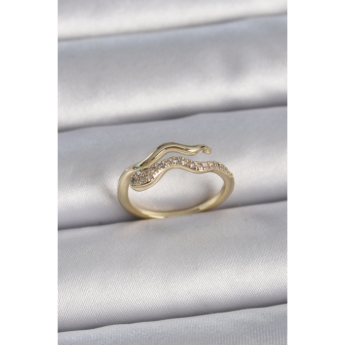Pirinç Gold Renk Zirkon Taşlı Yılan Ayarlanabilir Model Kadın Yüzük