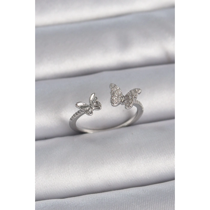 Pirinç Gümüş Renk Ayarlanabilir Zirkon Taşlı Kelebek Model Kadın Yüzük
