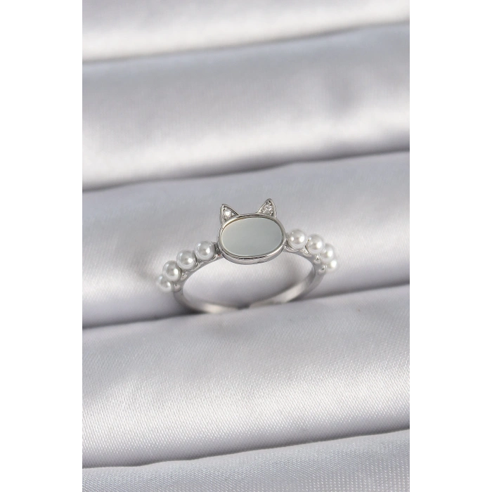 Pirinç Gümüş Renk Ayarlanabilir Beyaz Mineli Kedi Model İnci Detay Kadın Yüzük
