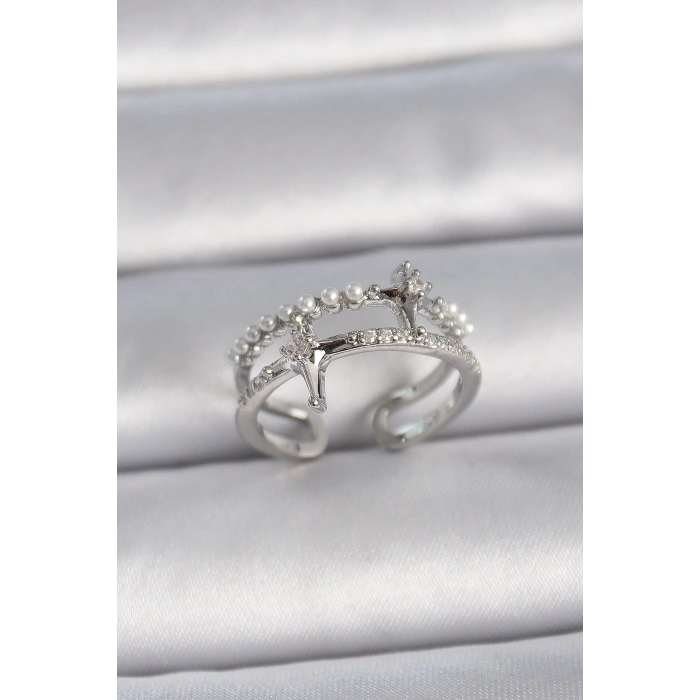 Pirinç Gümüş Renk Ayarlanabilir Zirkon Taşlı Kutup Yıldız İnci Detay Kadın Yüzük