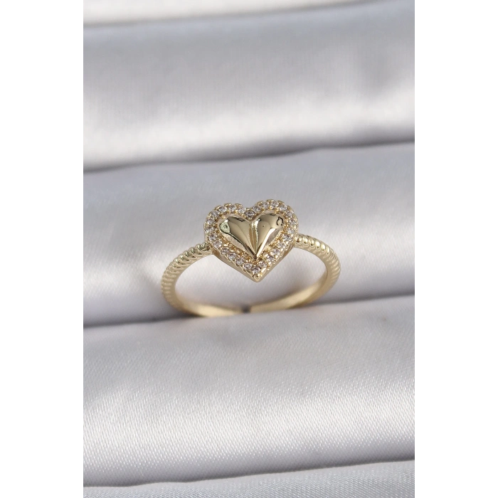 Pirinç Gold Renk Ayarlanabilir Zirkon Taşlı Kalp Model Kadın Yüzük