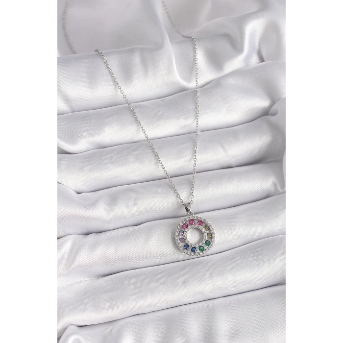 316L Çelik Gümüş Renk Zincir Renkli Zirkon Taşlı Madalyon Model Kadın Kolye
