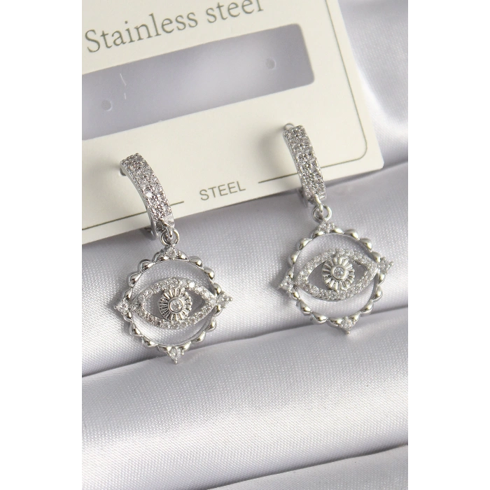 Pirinç Gümüş Renk Zirkon Taşlı Göz Model Kadın Küpe