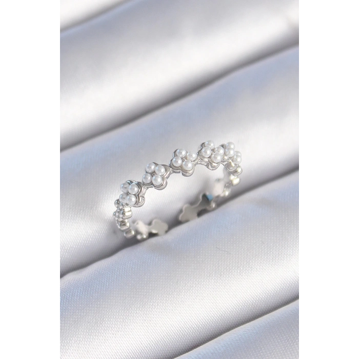 Pirinç Gümüş Renk İncili Yonca Model Kadın Yüzük