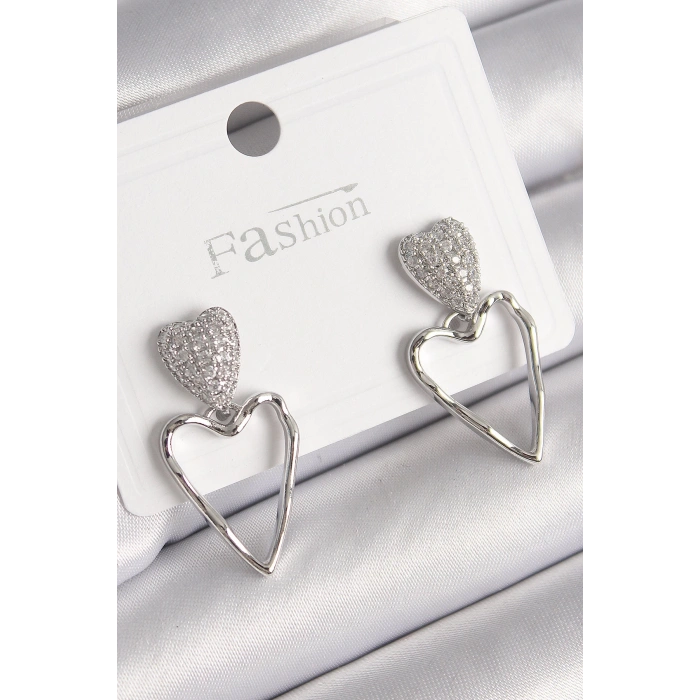 Pirinç Gümüş Renk Zirkon Taşlı Kalp Model Kadın Küpe