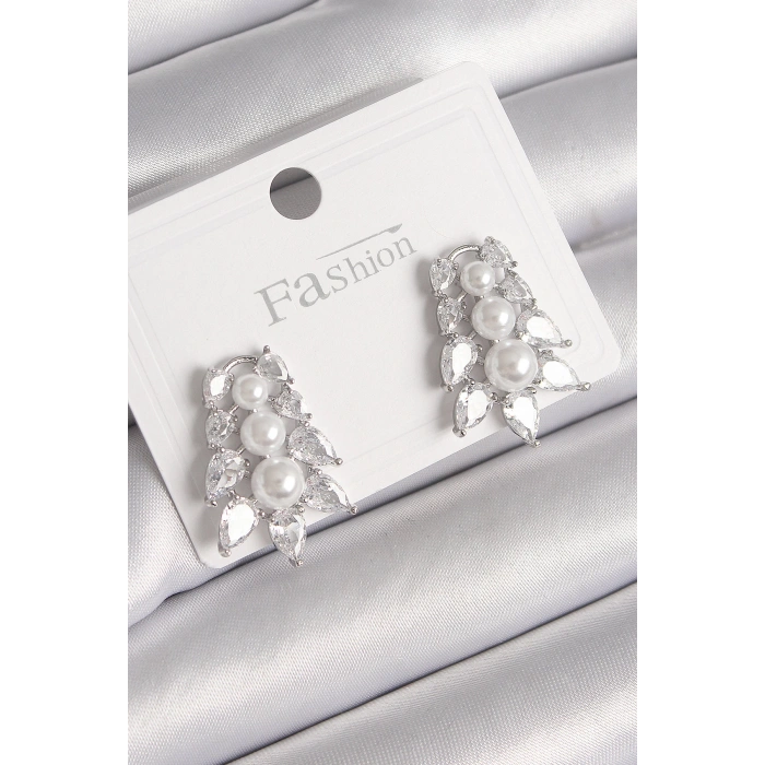 Pirinç Gümüş Renk Zirkon Taşlı Yaprak Model İnci Detay Kadın Küpe