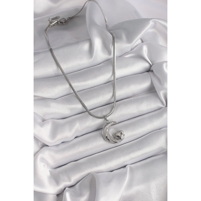 316L Çelik Gümüş Renk İtalyan Zincir Zirkon Taşlı Halil Figür Kalp Detay Kadın Kolye