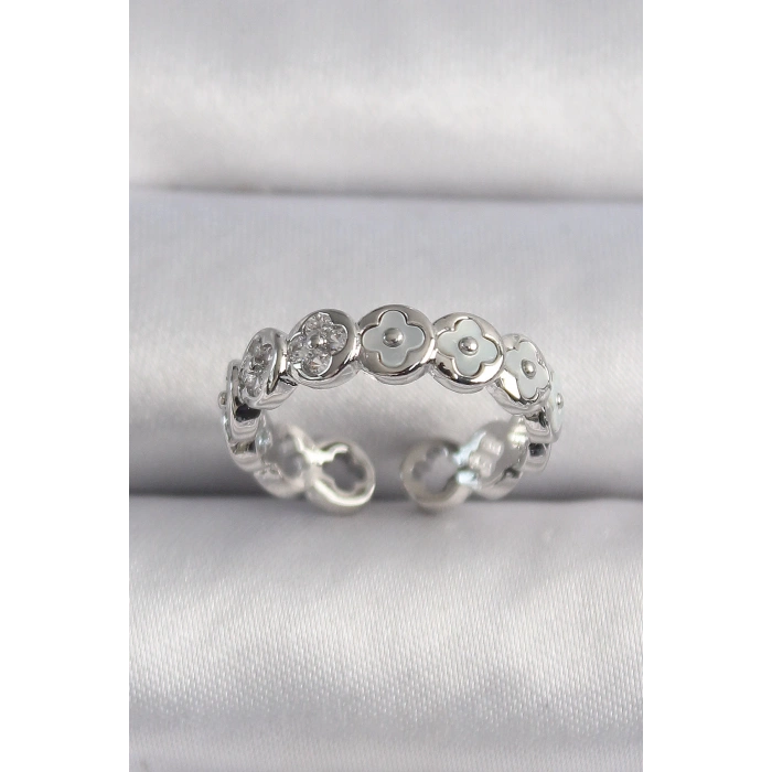 Pirinç Gümüş Renk Beyaz Sedefli Yonca Model Kadın Yüzük