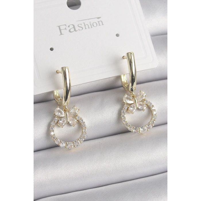 Pirinç Gold Renk Zirkon Taşlı Kelebek Figür Sallantı Model Kadın Küpe