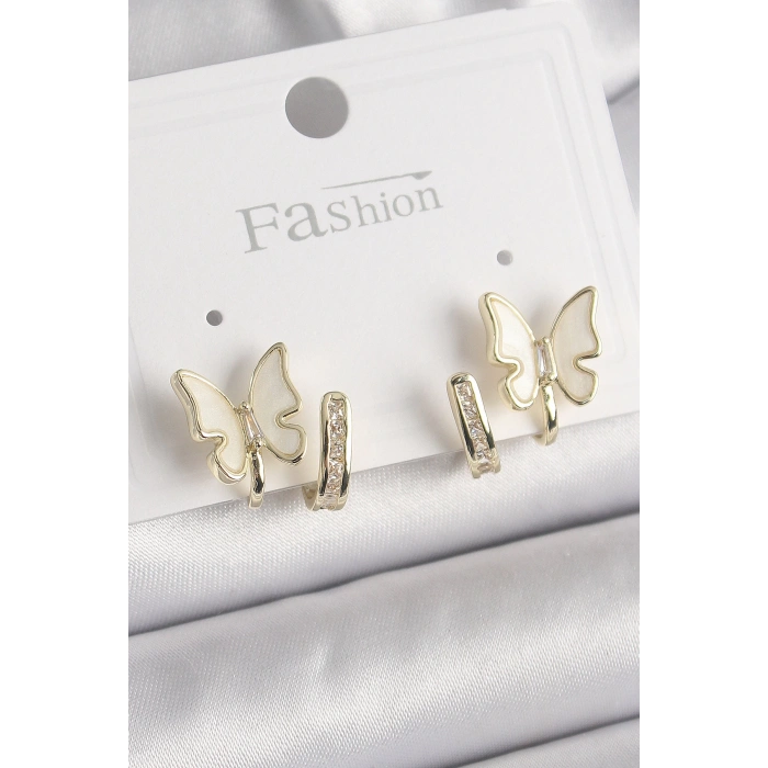 Pirinç Gümüş Renk Zirkon Taş Detaylı Beyaz Sedefli Kelebek Model Kadın Küpe