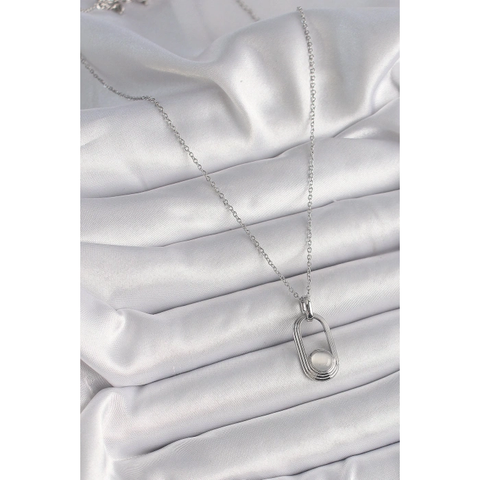 316L Çelik Gümüş Renk Zincir Beyaz Kedi Göz Model Kadın Kolye