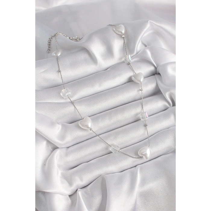 Pirinç Gümüş Renk Beyaz İnci Kalp Model Kadın Kolye