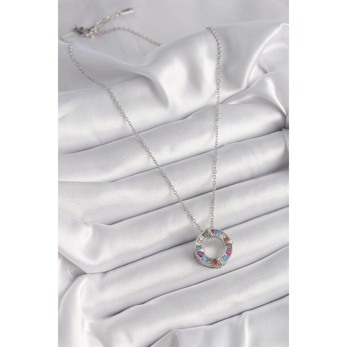 316L Çelik Gümüş Renk Zincir Renkli Zirkon Taşlı Xoxo Model Kadın Kolye