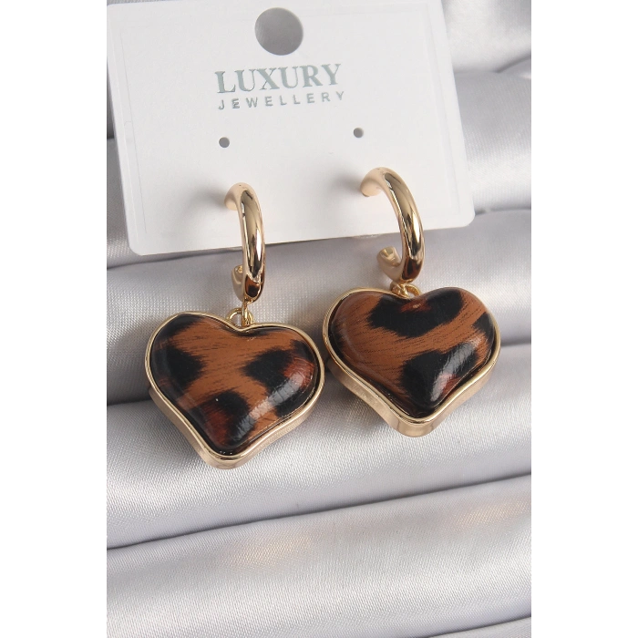 Pirinç Gold Renk 3D Kalp Leopar Desen Model Kadın Küpe