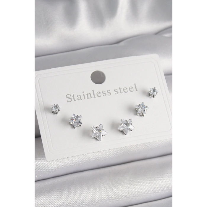 316L Çelik Gümüş Renk Zirkon Taşlı Yıldız Model Kadın Küpe Seti