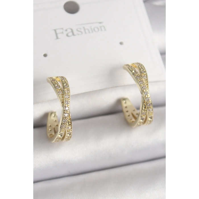 Pirinç Gold Renk Zirkon Taşlı Sarmal Halka Model Kadın Küpe