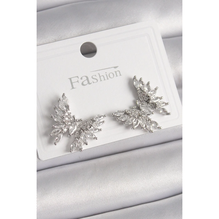 Pirinç Gümüş Renk Zirkon Taşlı Kelebek Model Kadın Küpe