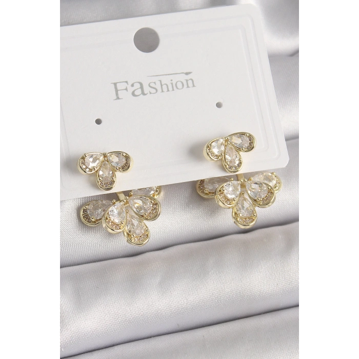 Pirinç Gold Renk Zirkon Taşlı Damla Model Kadın Küpe
