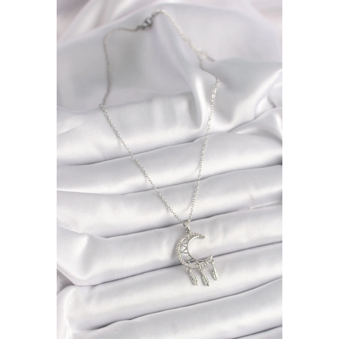 316L Çelik Gümüş Renk Zincir Zirkon Taşlı Hilal Model Sallantı Yaprak Detay Kadın Kolye
