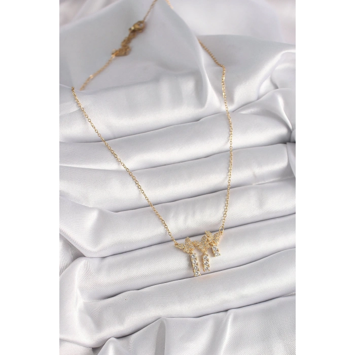 316L Çelik Gold Renk Zincir Zirkon Taşlı Kelebek Model Sallantı Detay Kadın Kolye