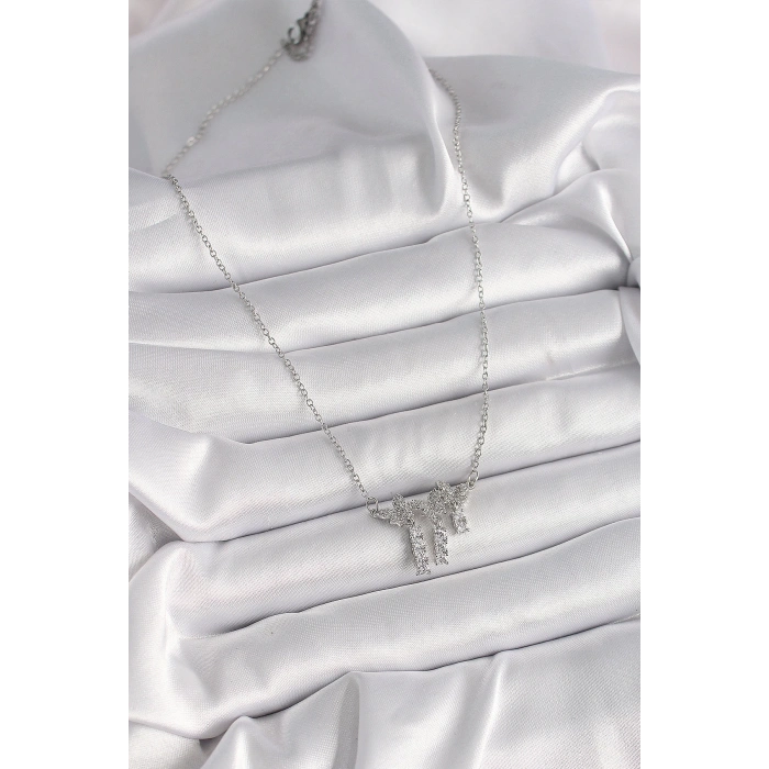 316L Çelik Gümüş Renk Zincir Zirkon Taşlı Kelebek Model Sallantı Detay Kadın Kolye