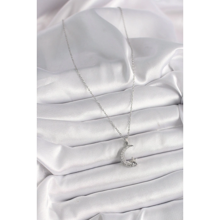 316L Çelik Gümüş Renk Zincir Zirkon Taşlı Hilal Model Yıldız Detay Kadın Kolye