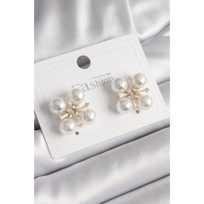 Pirinç Gold Renk Zirkon Taşlı İncili Kadın Küpe