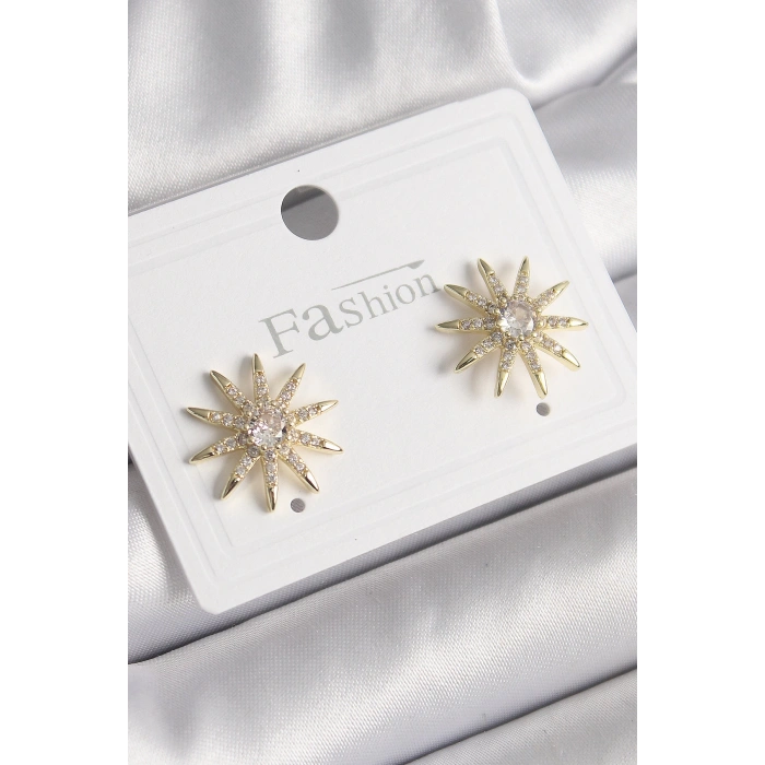 Pirinç Gold Renk Zirkon Taşlı Yıdız Model Kadın Küpe