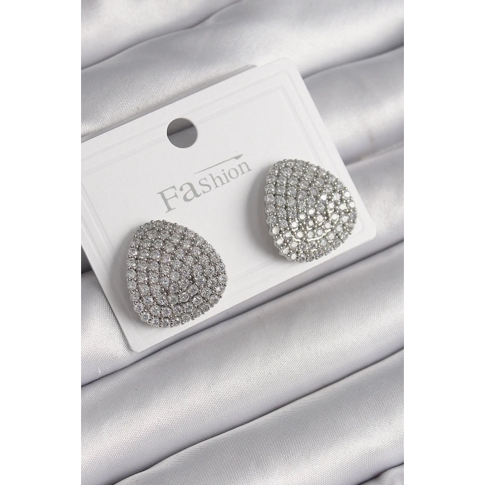 Pirinç Gümüş Renk Zirkon Taşlı Plaka Model Kadın Küpe