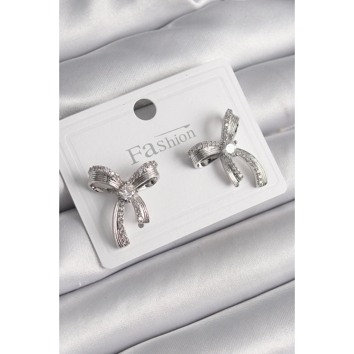 Pirinç Gümüş Renk Zirkon Taşlı Fiyonk Model Kadın Küpe