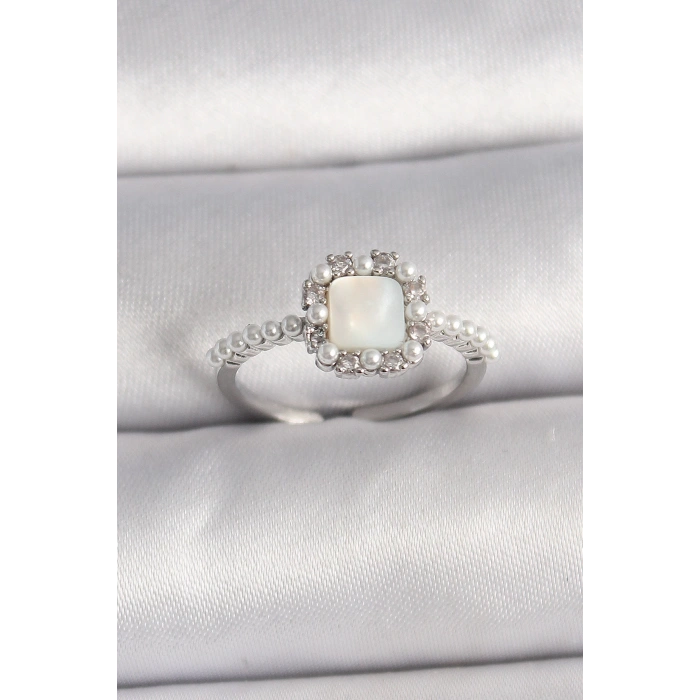 Pirinç Gümüş Renk İncili Kare Beyaz Mineli Ayarlanabilir Kadın Yüzük