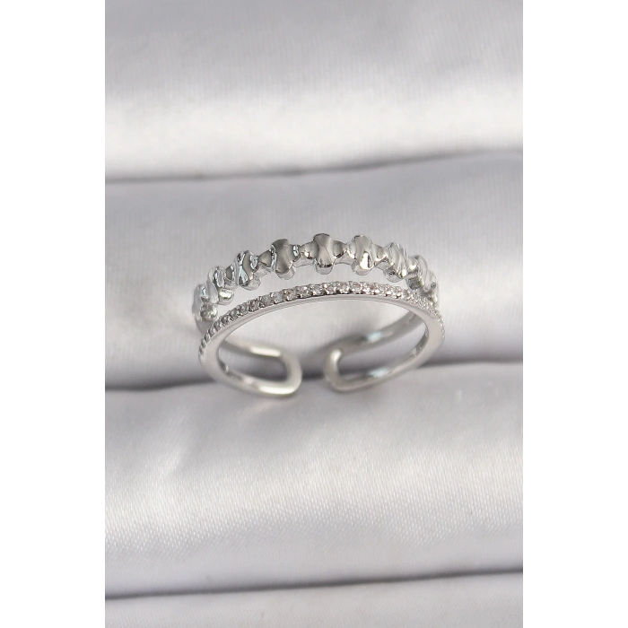 Pirinç Gümüş Renk Zirkon Taş Detaylı Ayarlanabilir Kadın Yüzük