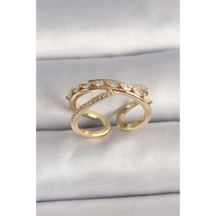 Pirinç Gold Renk Zirkon Taşlı Ayarlanabilir Kadın Yüzük
