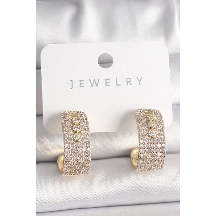 Pirinç Gold Renk Zirkon Taşlı Halka Messika Model Kadın Küpe