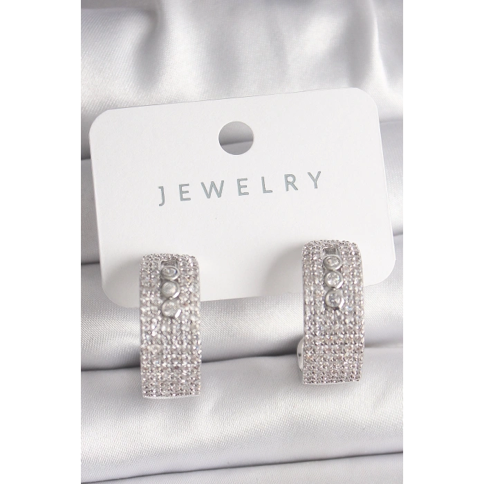 Pirinç Gümüş Renk Zirkon Taşlı Halka Messika Model Kadın Küpe