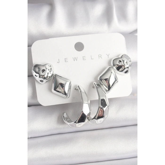 Gümüş Renk Kalp Halka Figür CCB Plastik Kadın Küpe Seti