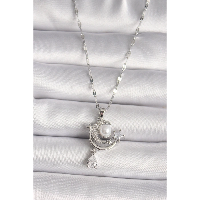 316L Çelik Gümüş Renk Zirkon Taşlı Ay Yıldız Sallantı Detay Kadın Kolye