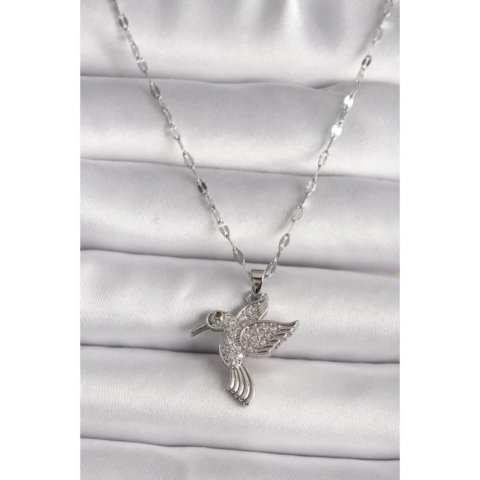 316L Gümüş Renk Zirkon Taşlı Sinek Kuşu Model Kadın Kolye