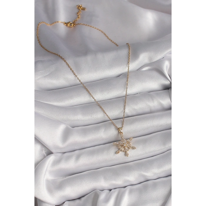 316L Çelik Gold Renk Zincir Zirkon Taşlı Kar Tanesi Model Kadın Kolye