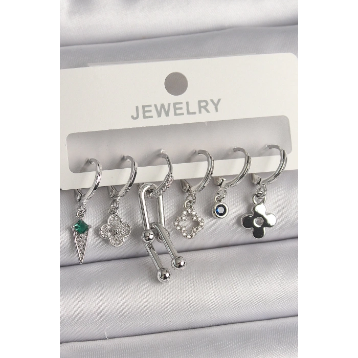 Pirinç Gümüş Renk Zirkon Taşlı Çoklu Figür Kadın Küpe Seti