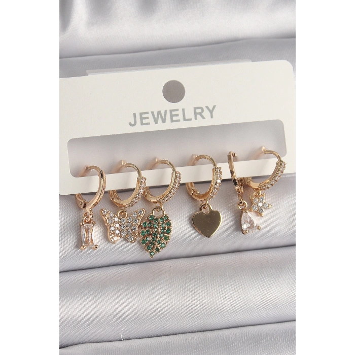 Pirinç Gold Renk Renkli Kelebek Figür Çoklu Figür Kadın Küpe Seti