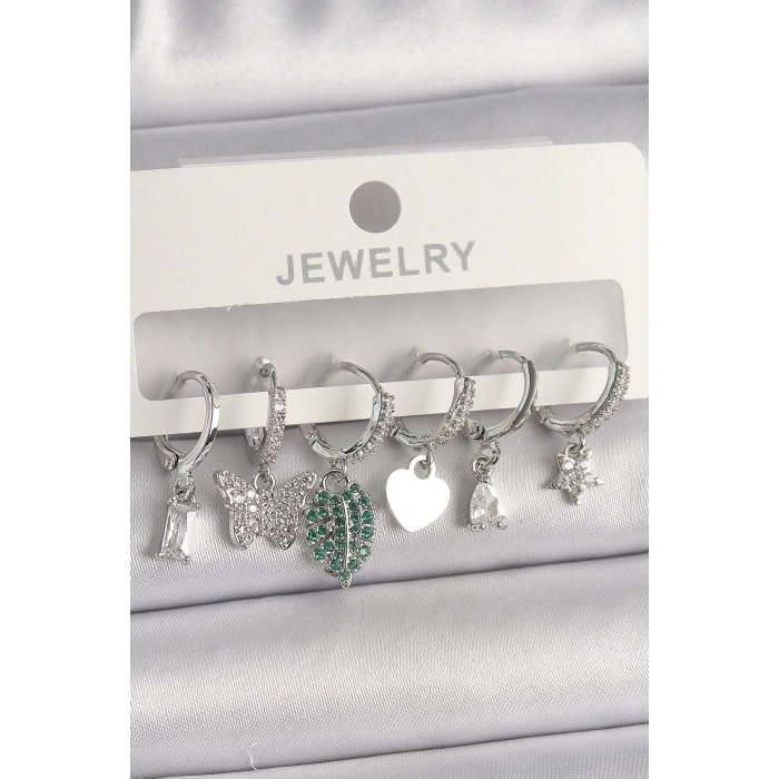 Pirinç Gümüş Renk Zirkon Taşlı Çoklu Figür Kadın Küpe Seti