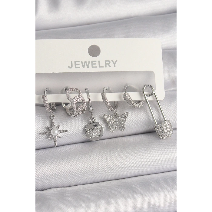 Pirinç Gümüş Renk Sallantı Zirkon Taşlı Kelebek Figür Kadın Küpe Seti