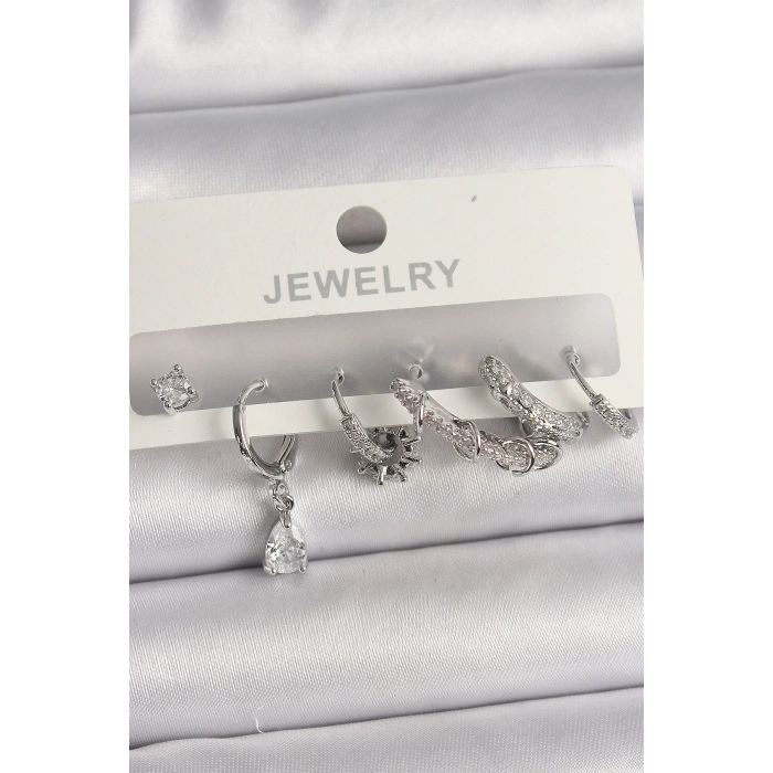 Pirinç Gümüş Renk Sallantı Zirkon Taşlı Halka Model Damla Taş Detay Kadın Küpe Seti