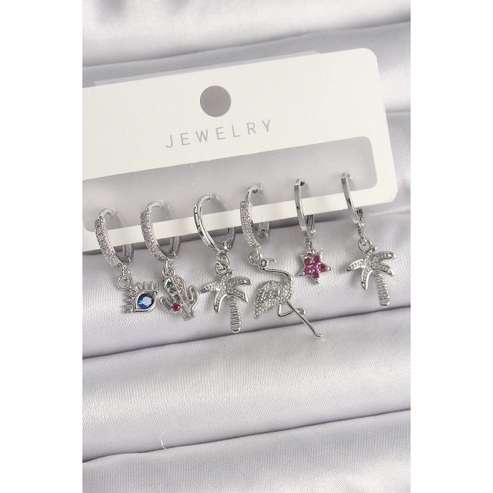 Pirinç Gümüş Renk Sallantı Zirkon Taşlı Deve Kuşu Figür Çoklu Kadın Küpe Seti