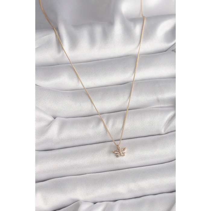 Pirinç Gold Renk Zirkon Taşlı Kelebek Model Kadın Kolye