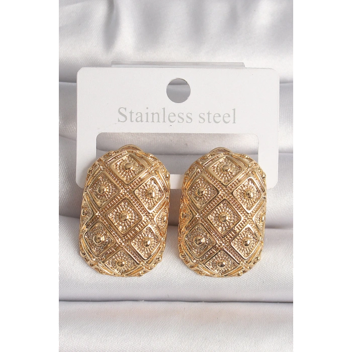 Pirinç Gold Renk Motif İşlemeli Kadın Küpe