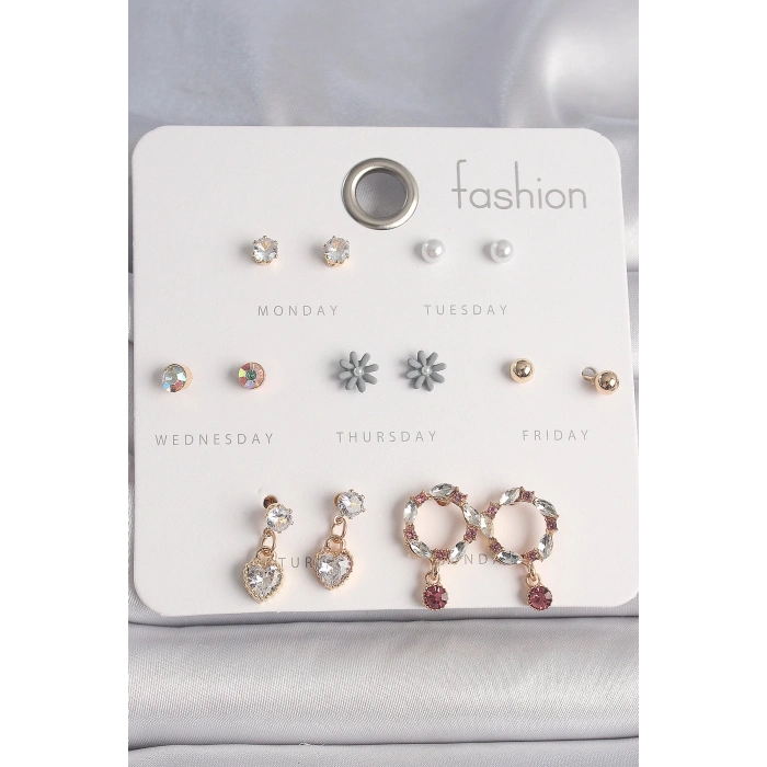 Pirinç Gold Renk Zirkon Taşlı Sallantı Kalp Çiçek Figür 7 Çift Kadın Küpe Seti