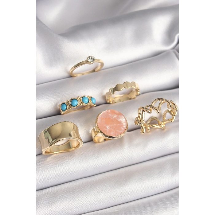 Pirinç Gold Renk Daire Pembe Mineli Zirkon Taş Detaylı 6Lı Kadın Yüzük Seti