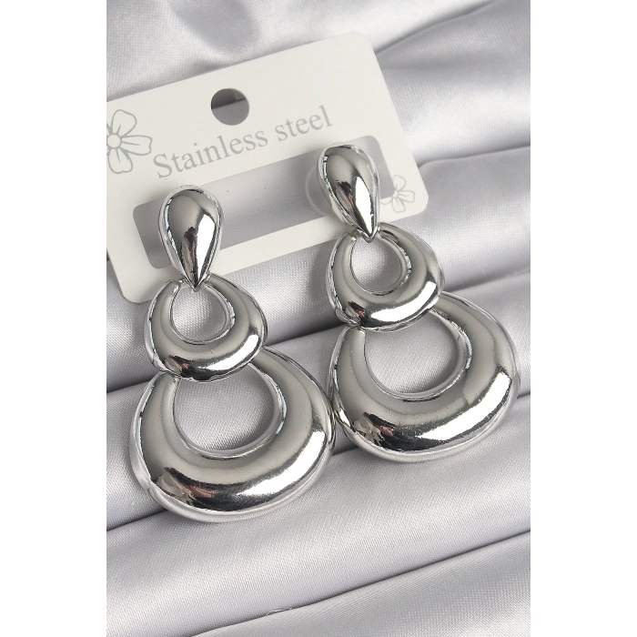 Pirinç Gümüş Renk Damla Detay Sallantı Halka Model Kadın Küpe